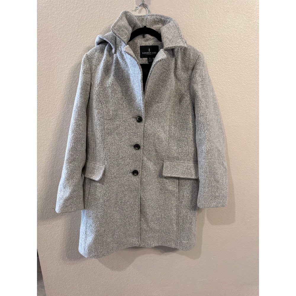 London Fog Wool Blend Hooded Coat Button Front Gray Jacket‎ XL
